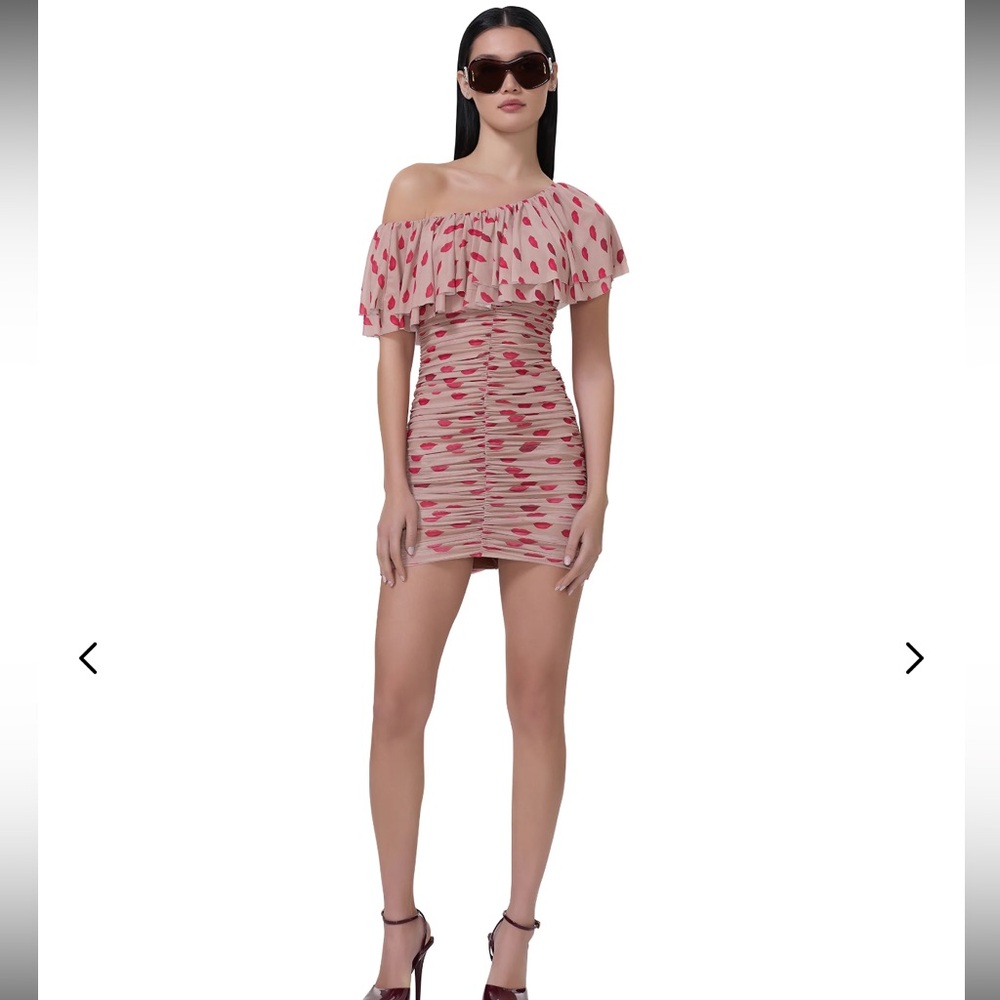 AFRM Beige One-Shoulder Ruffled Mini Dress with Pink Lip Print